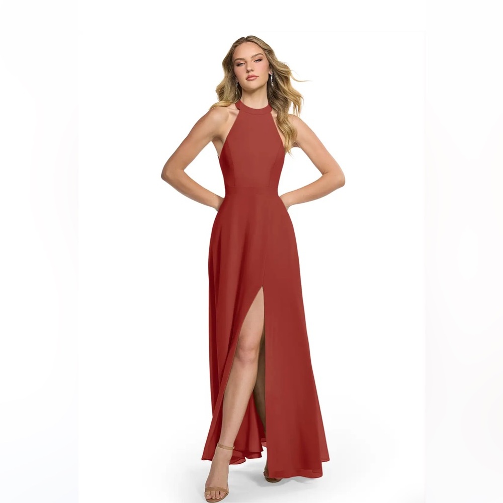 AZAZIE CLARICE Terracotta A-Line Halter Chiffon Dress